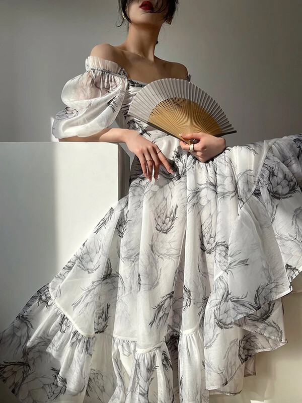 Suvine lillemustriga kleit naistele Seksikas prantsuse stiilis vintage peokleit Midi-kleidid vabaaja Korea mood Elegantne retrokleit 2024 Uus