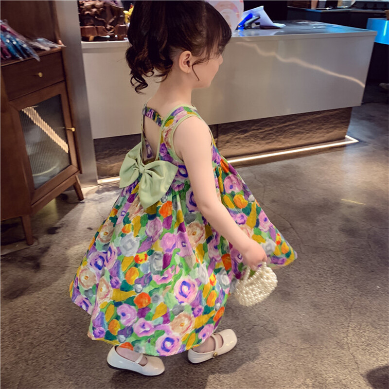 Χιούμορ Bear Παιδικά Ρούχα Ελαιογραφία Wind Dress Sweet Princess Sweet Floral Sundress Back Bow Princess Dress Girl For 3-7Y