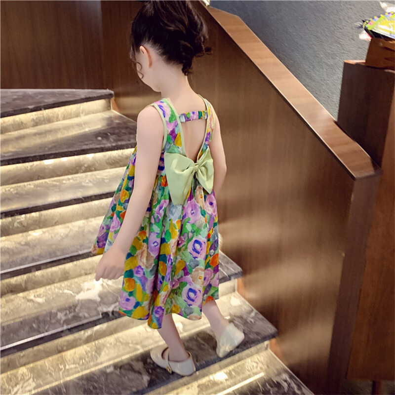 Χιούμορ Bear Παιδικά Ρούχα Ελαιογραφία Wind Dress Sweet Princess Sweet Floral Sundress Back Bow Princess Dress Girl For 3-7Y