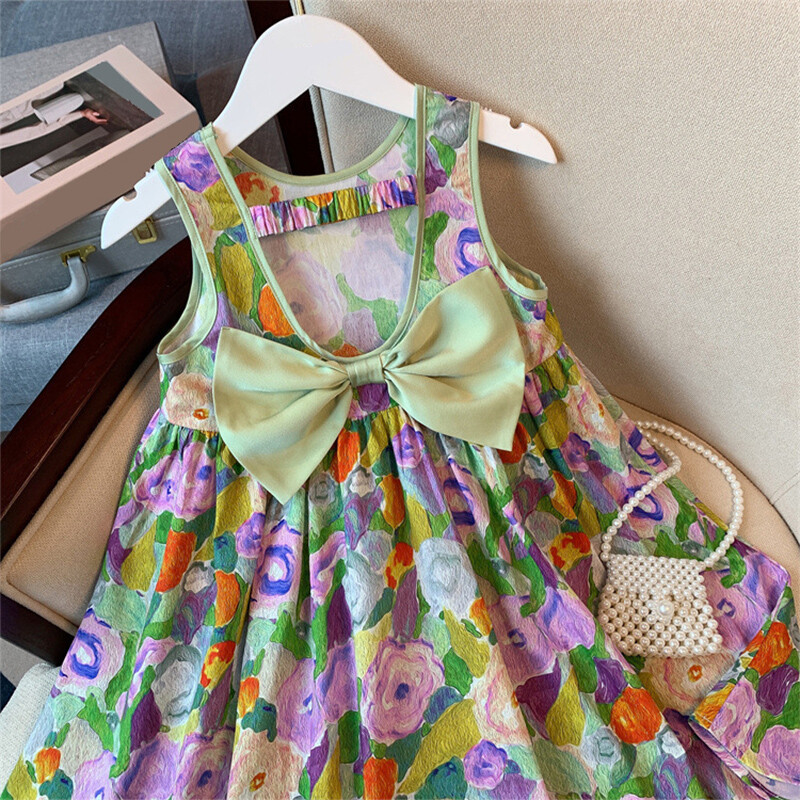 Χιούμορ Bear Παιδικά Ρούχα Ελαιογραφία Wind Dress Sweet Princess Sweet Floral Sundress Back Bow Princess Dress Girl For 3-7Y