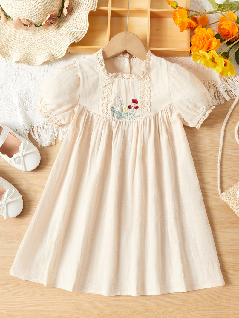 Κορίτσια Casual κεντημένο φλοράλ φόρεμα Μικρά κορίτσια Μόδα δώρο γενεθλίων Πριγκίπισσα Φόρεμα Παιδικά Ρούχα από καθαρό βαμβάκι με φουσκωτά μανίκια