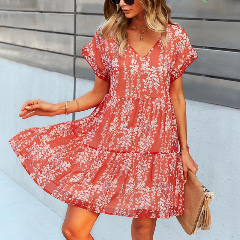 Naiste V-kaelusega lühikeste varrukatega lillemustriga kleit, suvine joontega kleidid, vaba moodne temperament vabaaja lühikesed seelikud