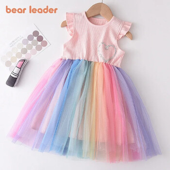 Bear Leader Flying Sleeve Girls Colored Dress Summer Kids Rainbow Mesh Party Dresses Детски дрехи Vestidos Outfits