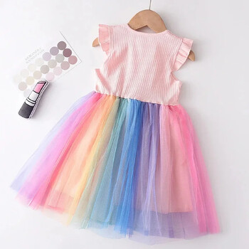 Bear Leader Flying Sleeve Girls Colored Dress Summer Kids Rainbow Mesh Party Dresses Детски дрехи Vestidos Outfits