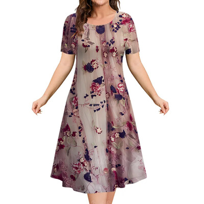 Καλοκαιρινό γυναικείο φόρεμα Φαρδύ φόρεμα μόδας με λουλούδια με κοντό μανίκι Φόρεμα μέχρι το γόνατο Y2k Φόρεμα με στρογγυλή λαιμόκοψη Γυναικεία casual ρούχα
