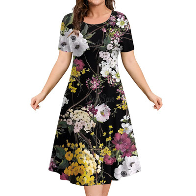 Καλοκαιρινό γυναικείο φόρεμα Φαρδύ φόρεμα μόδας με λουλούδια με κοντό μανίκι Φόρεμα μέχρι το γόνατο Y2k Φόρεμα με στρογγυλή λαιμόκοψη Γυναικεία casual ρούχα