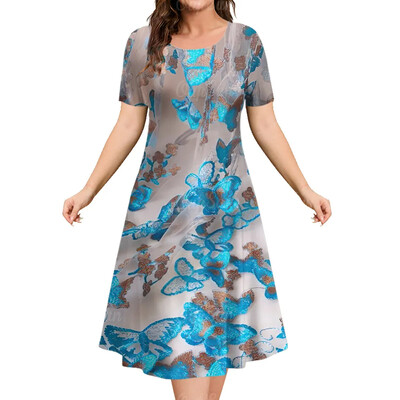 Καλοκαιρινό γυναικείο φόρεμα Φαρδύ φόρεμα μόδας με λουλούδια με κοντό μανίκι Φόρεμα μέχρι το γόνατο Y2k Φόρεμα με στρογγυλή λαιμόκοψη Γυναικεία casual ρούχα