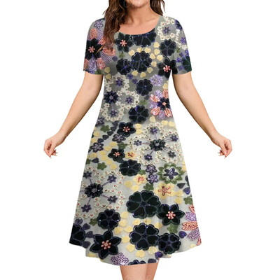 Καλοκαιρινό γυναικείο φόρεμα Φαρδύ φόρεμα μόδας με λουλούδια με κοντό μανίκι Φόρεμα μέχρι το γόνατο Y2k Φόρεμα με στρογγυλή λαιμόκοψη Γυναικεία casual ρούχα