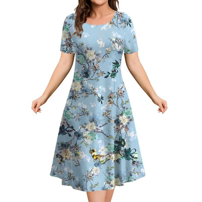 Καλοκαιρινό γυναικείο φόρεμα Φαρδύ φόρεμα μόδας με λουλούδια με κοντό μανίκι Φόρεμα μέχρι το γόνατο Y2k Φόρεμα με στρογγυλή λαιμόκοψη Γυναικεία casual ρούχα
