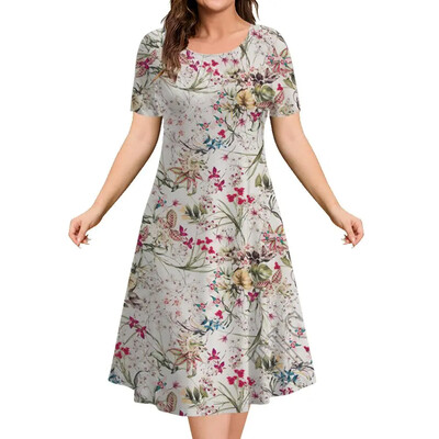 Καλοκαιρινό γυναικείο φόρεμα Φαρδύ φόρεμα μόδας με λουλούδια με κοντό μανίκι Φόρεμα μέχρι το γόνατο Y2k Φόρεμα με στρογγυλή λαιμόκοψη Γυναικεία casual ρούχα