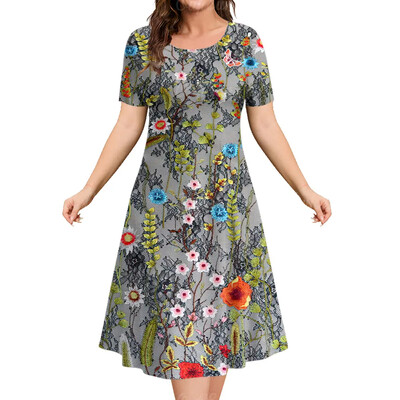 Καλοκαιρινό γυναικείο φόρεμα Φαρδύ φόρεμα μόδας με λουλούδια με κοντό μανίκι Φόρεμα μέχρι το γόνατο Y2k Φόρεμα με στρογγυλή λαιμόκοψη Γυναικεία casual ρούχα