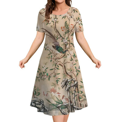Καλοκαιρινό γυναικείο φόρεμα Φαρδύ φόρεμα μόδας με λουλούδια με κοντό μανίκι Φόρεμα μέχρι το γόνατο Y2k Φόρεμα με στρογγυλή λαιμόκοψη Γυναικεία casual ρούχα