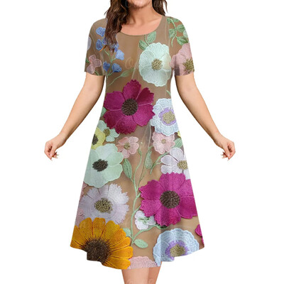 Καλοκαιρινό γυναικείο φόρεμα Φαρδύ φόρεμα μόδας με λουλούδια με κοντό μανίκι Φόρεμα μέχρι το γόνατο Y2k Φόρεμα με στρογγυλή λαιμόκοψη Γυναικεία casual ρούχα
