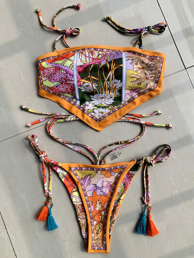 Bikini Crop Top Imprimat Bikini Bandeau Femei 2024 Costum de baie Costum de baie pentru Femei Set de bikini din două piese Costum de baie Îmbrăcăminte de plajă