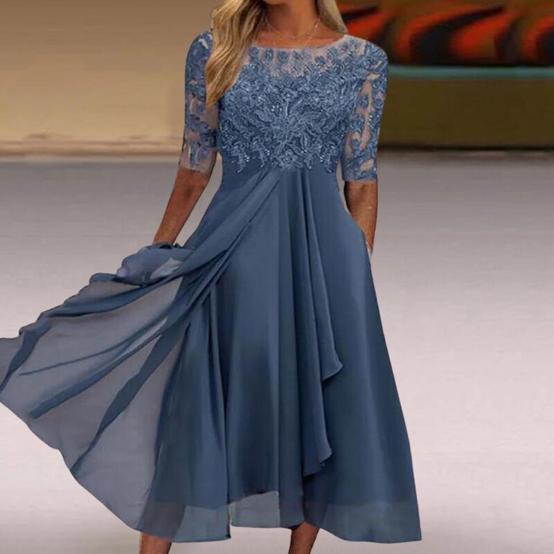 Populaarne nahka puudutav külaliskleit vöökohaga pingul tikandiga pitsiga liibuv pruutneitsipeo midikleit sääre keskele