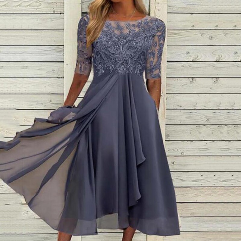 Populaarne nahka puudutav külaliskleit vöökohaga pingul tikandiga pitsiga liibuv pruutneitsipeo midikleit sääre keskele