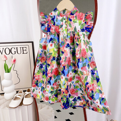 Κοριτσίστικο φόρεμα 2024 Καλοκαίρι Νέο φόρεμα για κορίτσια με στρογγυλή λαιμόκοψη λουλούδι με στάμπα με ιπτάμενα μανίκια Παιδικό φόρεμα με στάμπα