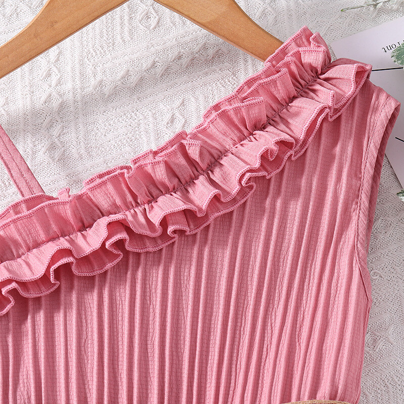 2024 m. nauja vasaros suknelė Rožinė balta sijonas be rankovių su įstrižais nėriniais ir diržu Madinga atostogų vakarėlis kasdien, skirta 4–12 m. vaikų aprangai