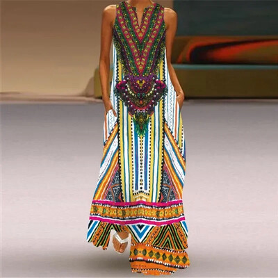 Γυναικείο καλοκαιρινό Boho vintage maxi φόρεμα Γυναικεία τσέπη χαλαρά casual print Φορέματα σε γραμμή Α