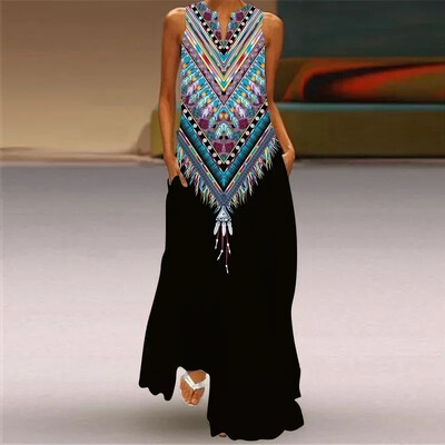 Γυναικείο καλοκαιρινό Boho vintage maxi φόρεμα Γυναικεία τσέπη χαλαρά casual print Φορέματα σε γραμμή Α