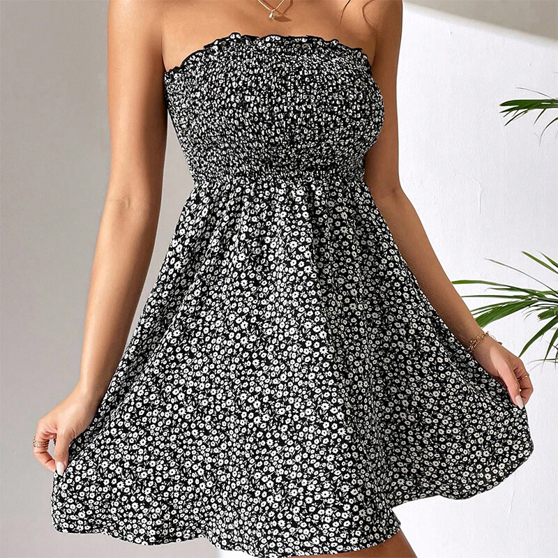 Suvine naistemoe vabaaja pendeldaja Korea versioon õlgadeta lühikesest preili põlviga lillelisest lühikesest kleidist