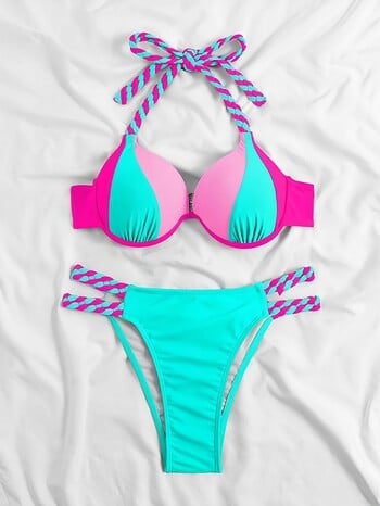 2024 Colorblock Halter Push Up Μπικίνι Halter Γυναικεία Σέξι μαγιό Γυναικείες λουόμενες Μαγιό Μαγιό Ρούχα παραλίας