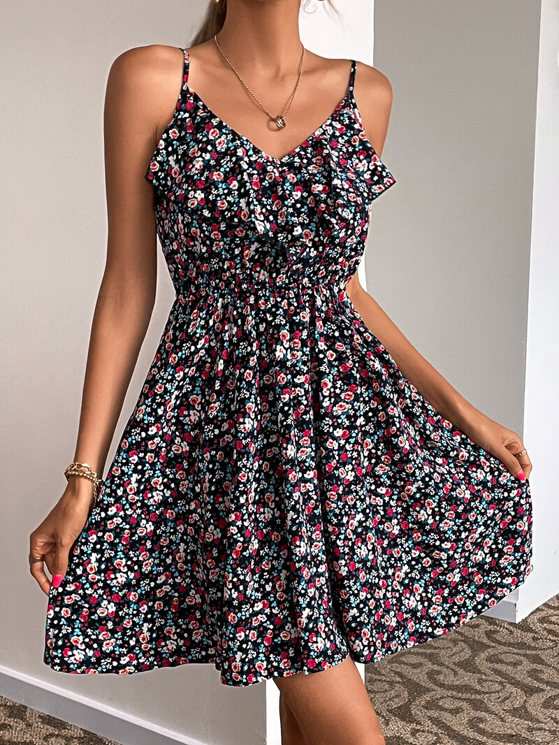 Kevad-suvi uus päitsetega lilleline kleit Pastoraalne seksikas vöökohaga seelik pikk seelik