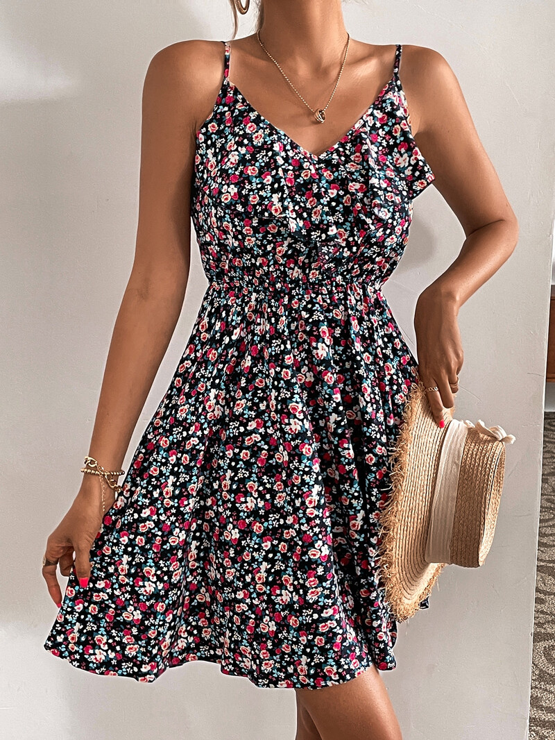 Kevad-suvi uus päitsetega lilleline kleit Pastoraalne seksikas vöökohaga seelik pikk seelik