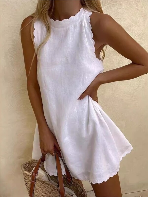 Ljetna seksi bijela haljina bez rukava Ženska modna elegantna ležerna uredska večernja mini haljina Nova ženska jednobojna haljina za odmor Nova