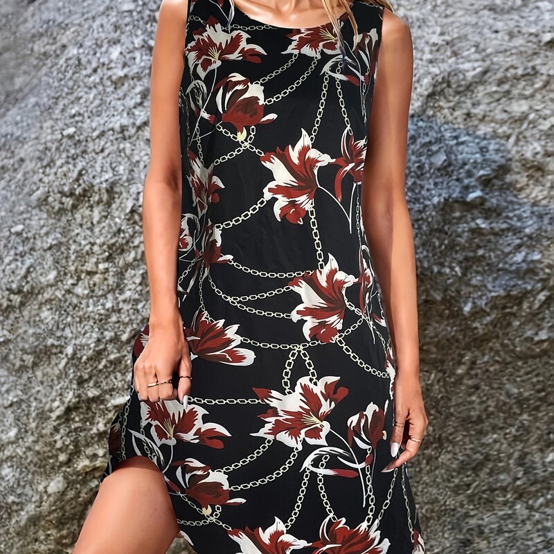 Ležerna ženska odjeća haljina s prslukom i ovratnikom s cvjetnim printom Ženska odjeća za proljeće i ljeto, blagdanski stil haljina bez rukava