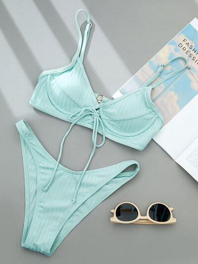 Μπικίνι με ραβδώσεις Underwired V-Bar 2024 Γυναικείο Μαγιό Γυναικείο Μαγιό Σετ μπικίνι με κόμπους Push Up Μαγιό Lady