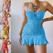 Γυναικείο Καλοκαιρινό σέξι αμάνικο φόρεμα με σφεντόνα Μόδα Casual Floral εμπριμέ βολάν Κοντό φόρεμα Σπαγγέτι λουράκι Bodycon Μίνι φόρεμα