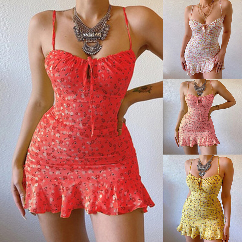 Γυναικείο Καλοκαιρινό σέξι αμάνικο φόρεμα με σφεντόνα Μόδα Casual Floral εμπριμέ βολάν Κοντό φόρεμα Σπαγγέτι λουράκι Bodycon Μίνι φόρεμα