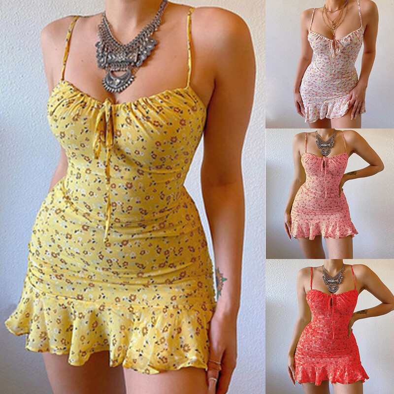 Γυναικείο Καλοκαιρινό σέξι αμάνικο φόρεμα με σφεντόνα Μόδα Casual Floral εμπριμέ βολάν Κοντό φόρεμα Σπαγγέτι λουράκι Bodycon Μίνι φόρεμα