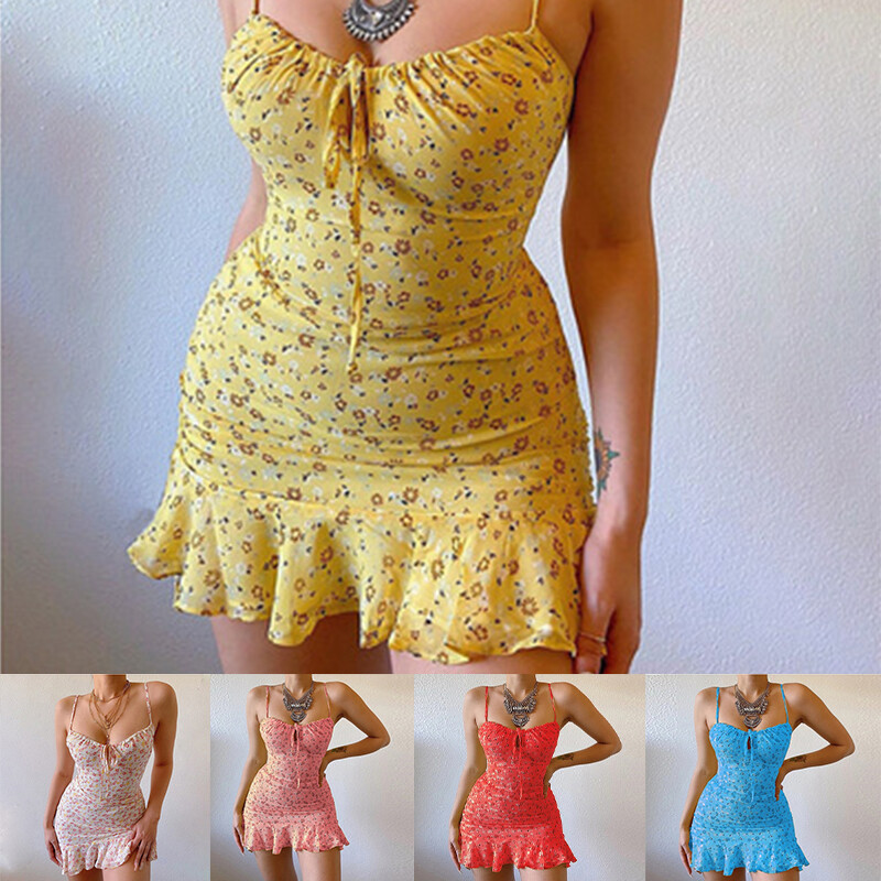 Γυναικείο Καλοκαιρινό σέξι αμάνικο φόρεμα με σφεντόνα Μόδα Casual Floral εμπριμέ βολάν Κοντό φόρεμα Σπαγγέτι λουράκι Bodycon Μίνι φόρεμα