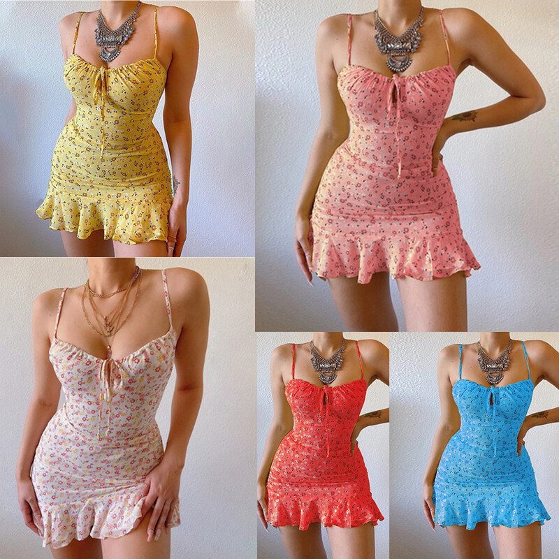 Γυναικείο Καλοκαιρινό σέξι αμάνικο φόρεμα με σφεντόνα Μόδα Casual Floral εμπριμέ βολάν Κοντό φόρεμα Σπαγγέτι λουράκι Bodycon Μίνι φόρεμα