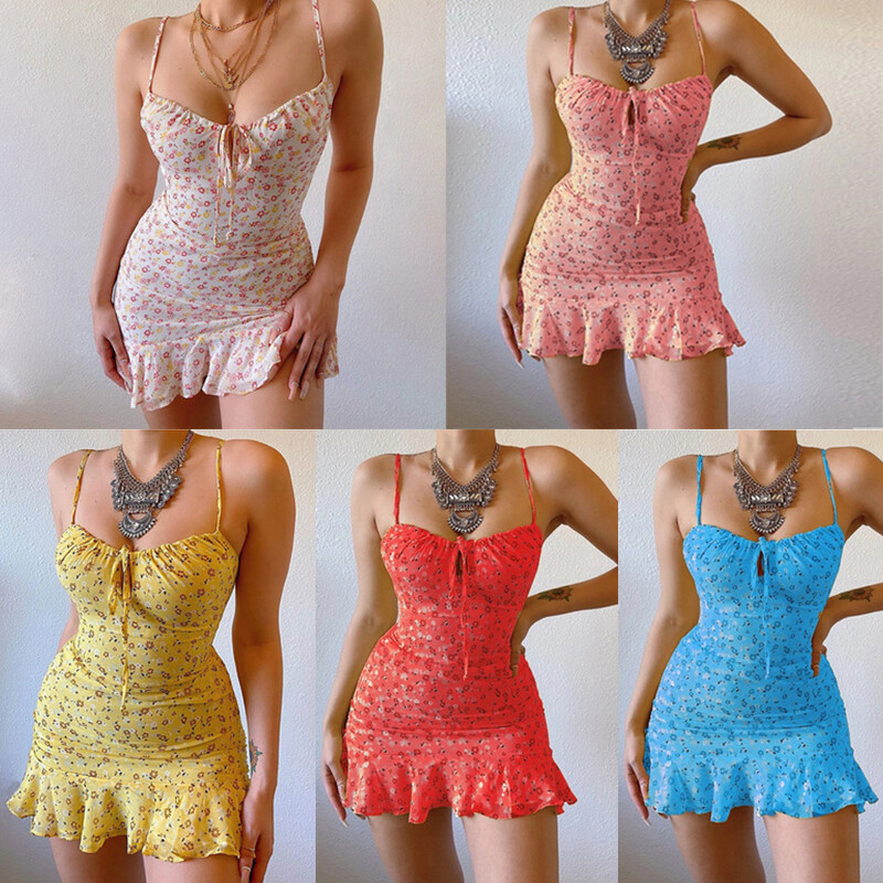 Γυναικείο Καλοκαιρινό σέξι αμάνικο φόρεμα με σφεντόνα Μόδα Casual Floral εμπριμέ βολάν Κοντό φόρεμα Σπαγγέτι λουράκι Bodycon Μίνι φόρεμα