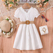 2024 m. naujos mados vasaros baltas sijonas trumpomis rankovėmis ir austinis diržas 4–12 m. merginoms Elegantiška suknelė, atostogų vakarėlis, kasdieniai laisvalaikio drabužiai