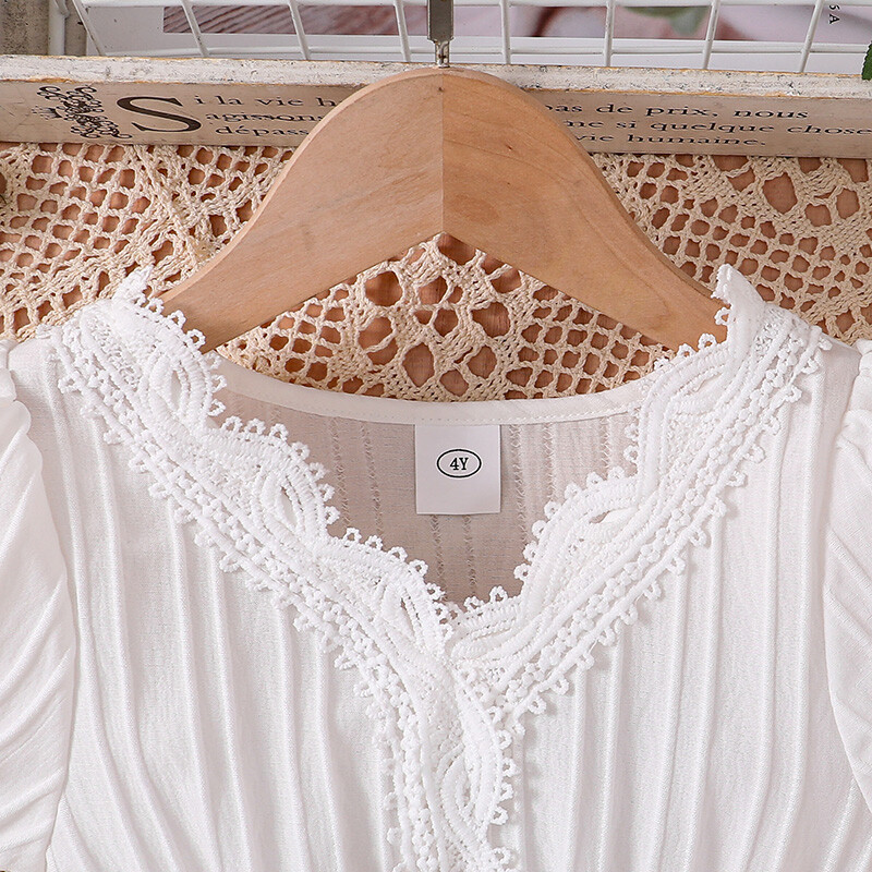 2024 m. naujos mados vasaros baltas sijonas trumpomis rankovėmis ir austinis diržas 4–12 m. merginoms Elegantiška suknelė, atostogų vakarėlis, kasdieniai laisvalaikio drabužiai