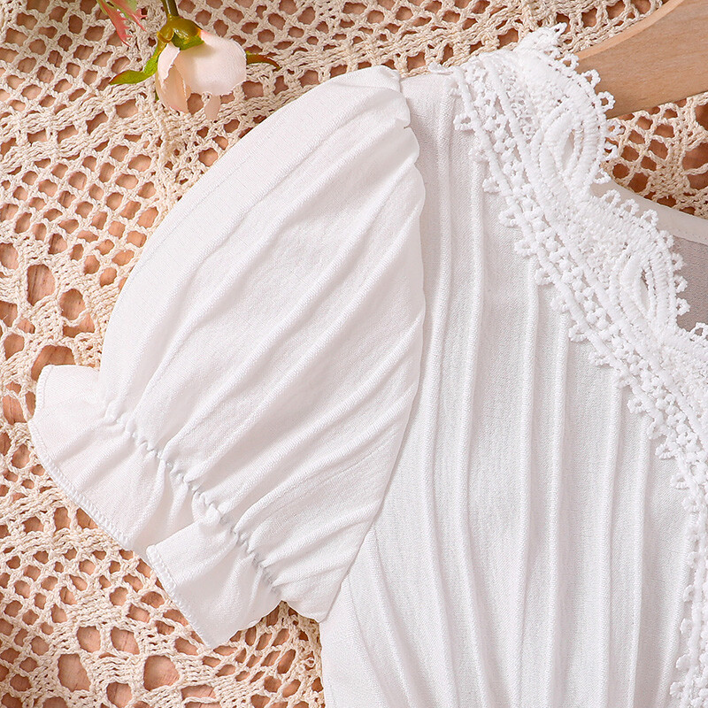 2024 m. naujos mados vasaros baltas sijonas trumpomis rankovėmis ir austinis diržas 4–12 m. merginoms Elegantiška suknelė, atostogų vakarėlis, kasdieniai laisvalaikio drabužiai