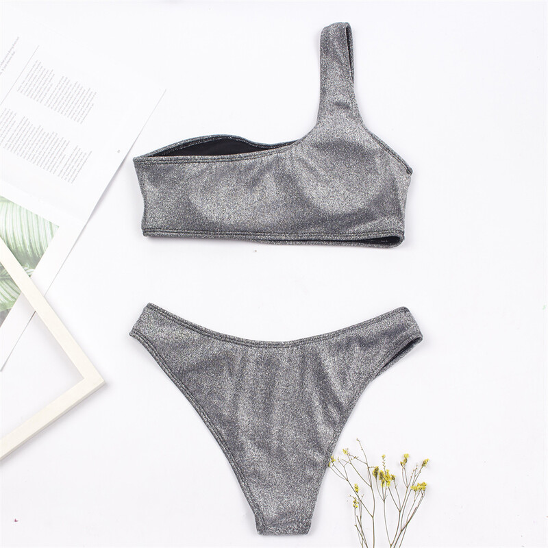 Ühe õlaga naiste seksikas bikiinikomplekt Biquini Naiste Blingbling ujumistrikoo naistele, kaheosaline särav ühevärviline ujumiskostüüm