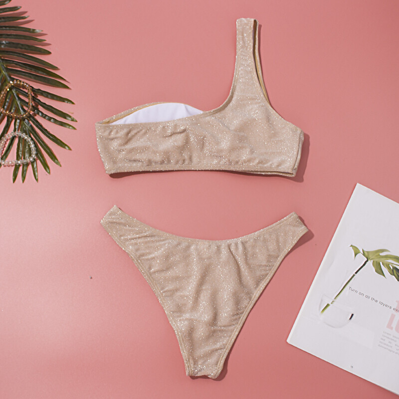 Ühe õlaga naiste seksikas bikiinikomplekt Biquini Naiste Blingbling ujumistrikoo naistele, kaheosaline särav ühevärviline ujumiskostüüm