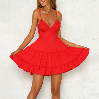 Seksikas pitsist spagetirihmaga minikleidid naistele ühevärvilised V-kaelusega seljata kikisõlmega nöörkleit, moodne temperament Lady Vestido