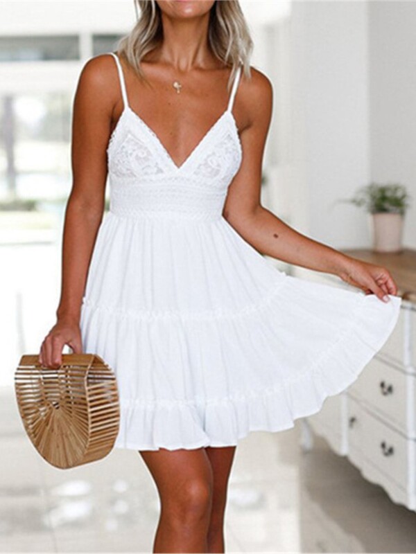 Seksikas pitsist spagetirihmaga minikleidid naistele ühevärvilised V-kaelusega seljata kikisõlmega nöörkleit, moodne temperament Lady Vestido