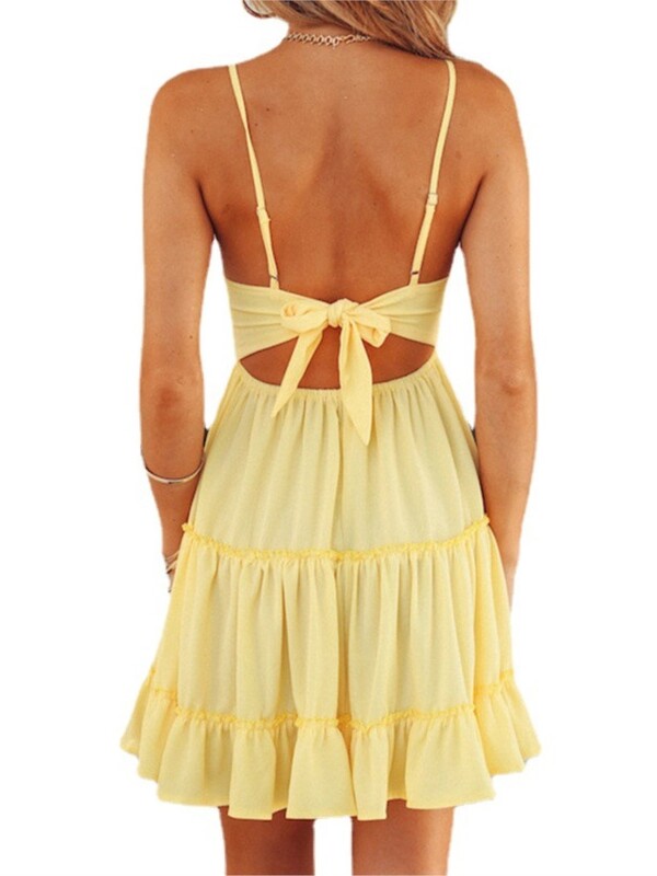 Seksikas pitsist spagetirihmaga minikleidid naistele ühevärvilised V-kaelusega seljata kikisõlmega nöörkleit, moodne temperament Lady Vestido