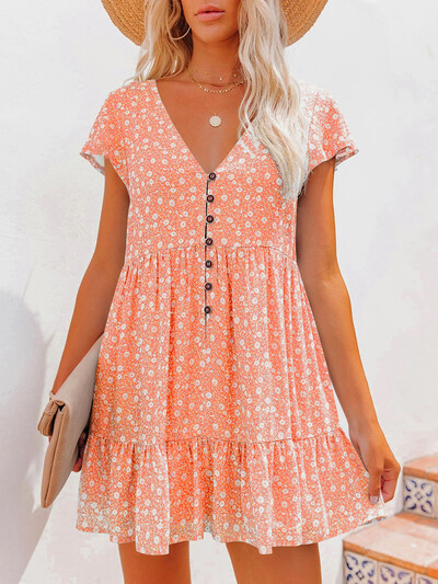 Naiste suvise lilleprinteriga lühikeste varrukatega V-kaelusega joonkleit vabaaja Boho plisseeritud minikleit rannapeopuhkuse päikesekleit 2023