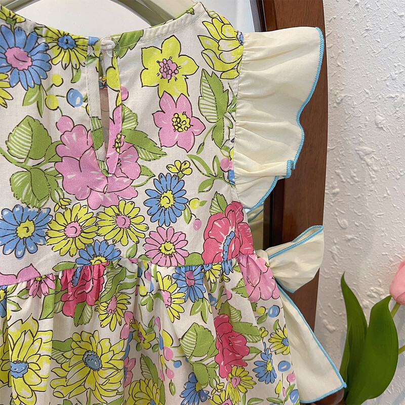 Bear Leader tüdrukute kleit 2023. aasta suvine uus tüdrukute ümarkaelus lillemustriga Lendav varrukatega kikilipsu kleit laste mustriga kleit