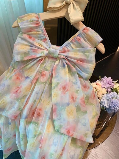 Laste tüdrukute lilleline varrukateta vestikleit Bowknot 2024 Laste suvised šifoonist beebitüdrukute printsessikleidid