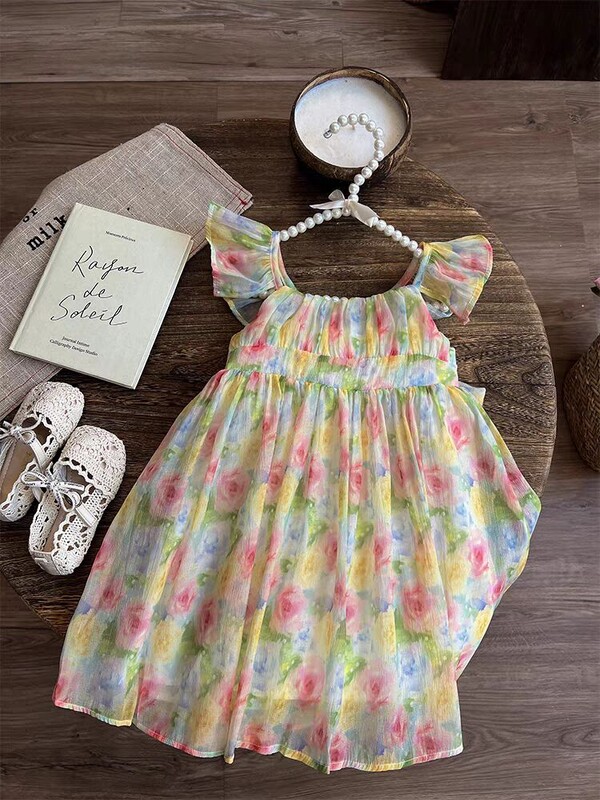 Laste tüdrukute lilleline varrukateta vestikleit Bowknot 2024 Laste suvised šifoonist beebitüdrukute printsessikleidid