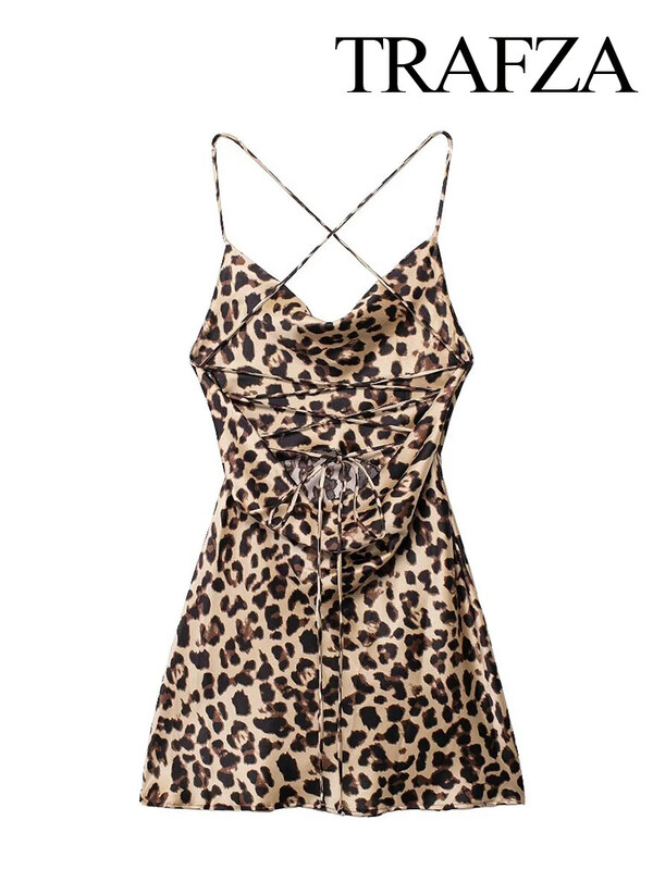 TRAFZA naiste stiilne leopardimustriline minikleit naiste suvine seksikas varrukateta seljata pitskleit rannapeokleit Traf